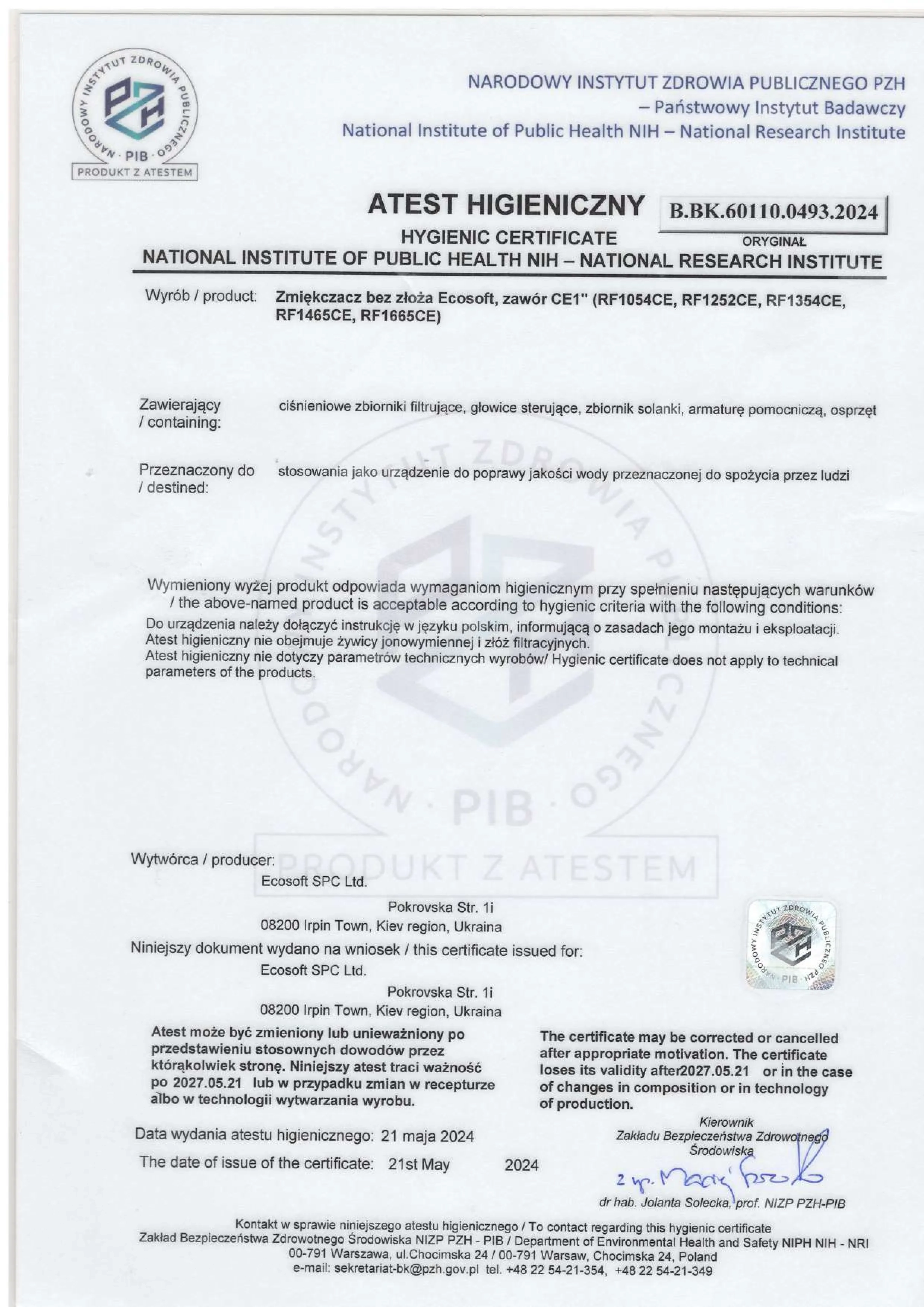 Certificates of the European company producing water purification